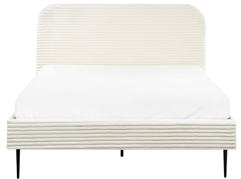 Beliani Polsterbett Cord Creme weiß mit Lattenrost 140x200 cm Metallfüße schwarz Flayat