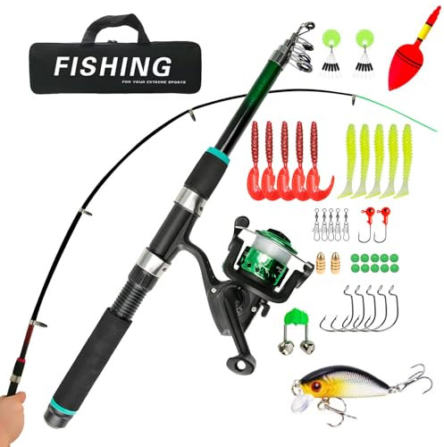 Angelset für Kinder, Kinder Angelset mit Angelrolle, Köder Set und Tragetasche,1.5m Kinderangel Starter Set für 3-10 Jahren,Kohlefaser Teleskop Angelrute und Angelschnurrolle Angel-Set komplett (Grün)