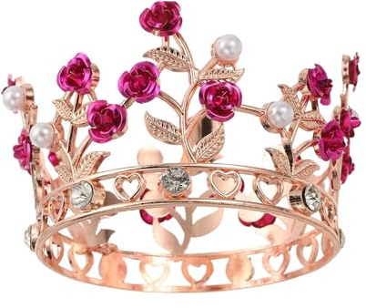 sourcing map Mini Crown Cake Toppers, Alloy Queen Princess Little Crown Tiara Cupcake Heart Shaped with Pearl & Rose for Birthday Cake Decor Wedding Party, Rose Gold/White/Rose Red