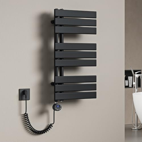 Mai & Mai Radiateur Central Sèche-Serviette 76x40 Gris Noir en Acier Inoxydable FN avec Résistance Chauffante 600W