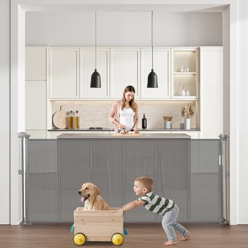 VEVOR Puerta Retráctil hasta 180 cm Alto de 87 cm Barrera de Seguridad Extensible Fácil de Instalar Panel de Malla Transpirable para Escaleras Interiores, Puertas, Pasillos, Salas de Juegos, Gris