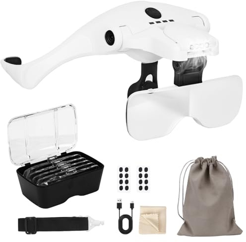 TAVADA Wiederaufladbare USB Lupenbrille mit 5 abnehmbaren Linsen (1,0X–3,5X),Kopflupe,Stirnbandlupe mit 4 einstellbaren LEDs,ideal für Schmuckherstellung,Nähen,Modellbau und alle Präzisionsarbeiten