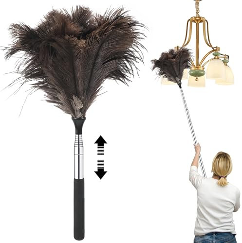 Ostrich Feather Dusters, Ostrich Feather Duster Extendable for Cleaning High Ceilings, Lights, Cupboards, Doorways with Stainless Steel Handle(Length 43-115cm)