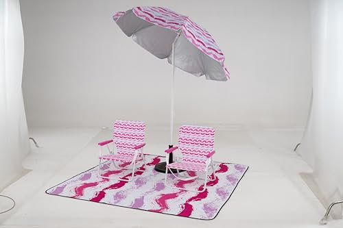 COSTWAY Ensemble de Parasol et Chaises Pliantes et Tapis 4 Pcs, Parasol Inclinable Solaire avec Sac de Transport, 2 Chaises de Plage Pliable avec Poche, Tapis à 3 Couches, pour Plage Jardin (Rose)