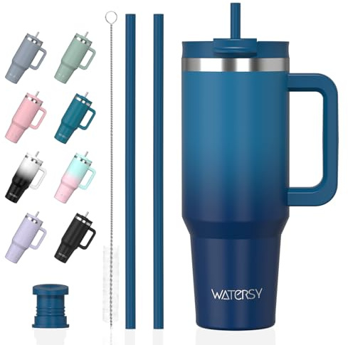 WATERSY 891ml Thermobecher mit 2 Strohhalmen, Trinkbecher Auslaufsicherer Kaffeebecher To Go Vakuum-Isoliert mit BPA frei Schraubdeckel, Trinkflasche Kühlt 12 Stunden,Tiefseelndigo