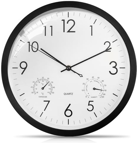 WIYETY wasserdichte Wanduhr mit Thermometer Hygrometer Geräuschlose Outdoor Wanduhr, Große Analoge Gartenuhr aus Kunststoff 30cm für Badezimmer Garten Küche