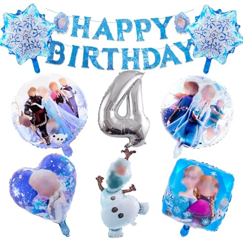 Lot de 9 décorations d'anniversaire La Reine des Neiges 4 ans, décoration d'anniversaire pour fille La Reine des Neiges, ballons en aluminium 4e anniversaire fille Accessoires de décoration de fête