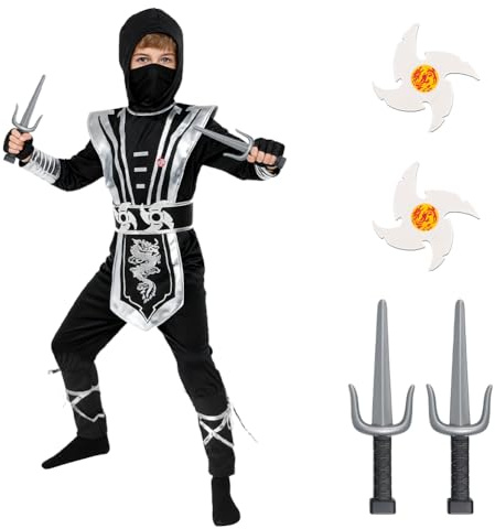 BSBUY Ninja-dräkt barn, 13 st, barnkostym, ninjaset, pojkar, flickor, ninjadräkt barn, cosplay outfit, fighter, kostym, ninja, tillbehör, kostym för halloween, utklädnad, karneval, silver, M