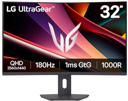 LG UltraGear 32G60ZA Monitor Gaming 32 Pollici, VA QHD (2560x1440), 180Hz, 1ms (GtG), 16:9 curvo, FreeSync, HDR 10, HDMI 2.0, DP, Stand regolabile, Nero