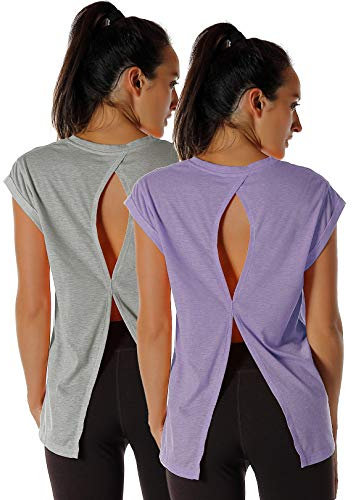 icyzone Damen Sport Top Fitness Yoga Shirt Rückenfrei Sommer Leichte Gym Top Sportshirt, 2er Pack (L, Grey/Lavender)
