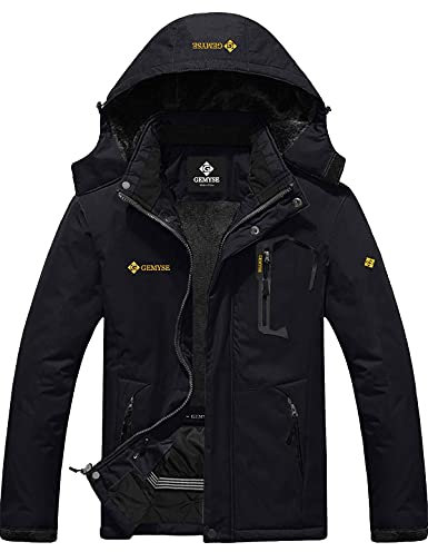 GEMYSE Herren Warme Skijacke Berg Winddicht Wasserdicht Atmungsaktiv Multi-Pocket Outdoor-Winterjacke mit Kapuze,Schwarz,XL
