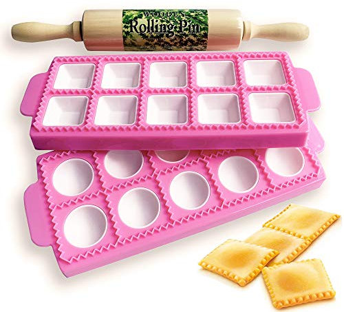 Gladworts Raviolamp Mould Dumpling Pastry Maker Mold for Large Round + Square Ravioli, Plastic, Wooden Rolling Pin