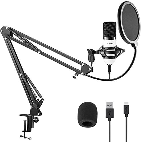 VONYX CMS300W USB Condenser Microphone Podcast Kit with Adjustable Boom Arm, Shock Mount, Pop Filter & Foam Cover, USB Mic for Podcasting, Streaming & Studio Recording, White