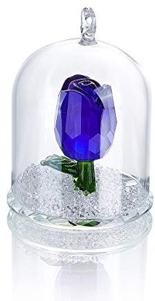 NOYISTAR K9 Crystal Blue Glass Tulip Flower Figurine Ornament in Enchanted Glass Dome