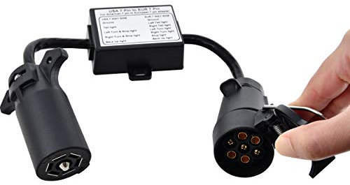 Oyviny USA auf EU Anhänger-Lichtkonverter US Fahrzeug 7-Wege-Flachsteckdosenadapter auf europäischen Anhänger 7-poliger runder Anschluss Plug and Play Anhänger-Konverter wasserdicht (Farbe: Schwarz)