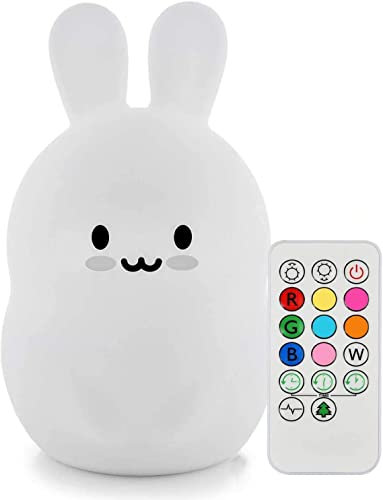 Tianhaixing Veilleuse rechargeable en silicone souple en forme d'animal, ajustez la luminosité et 9 couleurs via le contrôle tactile et la télécommande, convient aux enfant/adultes (grande lapin)