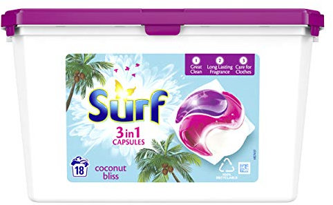 Surf 3-in-1 Coconut Bliss with Long-Lasting Fragrance Washing Capsules for Brilliantly Clean Laundry 18 Washes (Pack of 3)