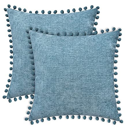 CaliTime Dekokissenbezüge aus weichem Chenille, gemütlich, einfarbig, mit Pompons, für Couch, Sofa, Heimdekoration, 40 x 40 cm, Rauchblau, 2 Stück