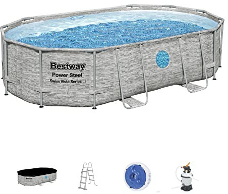 Bestway Power Steel Swim Vista Pool Set II, Garden Swimming Pool with Windows, Rattan Print Family Swimming Pool with Filter Pump, Ladder, Pool Cover and ChemConnect Dispenser, 16ft, Grey