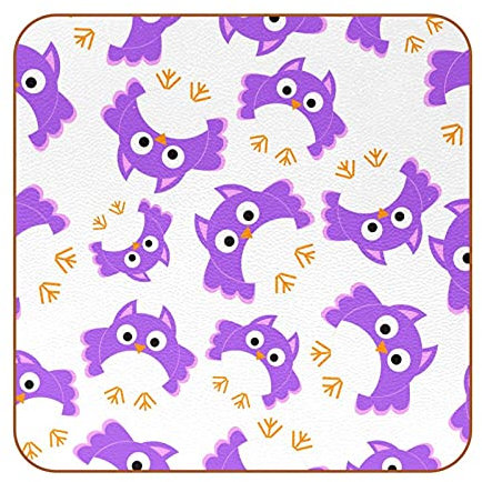 Purple Owl Non-Slip Design Square Coaster for Cups Mugs,Leather Furniture Protection Pad Reusable in Kitchen Bar Home Decor,6PCS