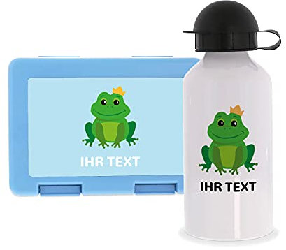 STEMPEL-FABRIK Lunchbox Hellblau und Trinkflasche mit Design - Frosch - Personalisiertes Geschenk - Set - Brotzeitbox - Brotbox und Wasserflasche für Kinder - Einschulungsgeschenke - Kindergarten