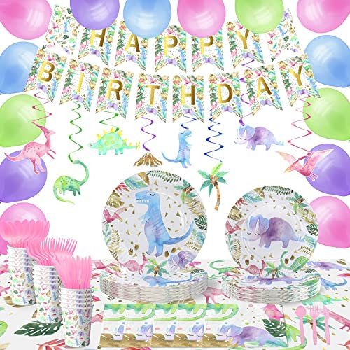 HaPiBiDesign Dinosaur Birthday Party Supplies for Girls - Pink Dinosaur Party Decorations - Balloons Birthday Banner Plates Cups Napkins Tablecloth Tableware (Serves 20)