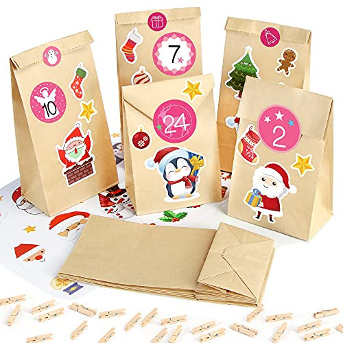 Sprinlot Adventskalender zum Befüllen Papiertüten, 25 Weihnachtskalender Kraftpapiertüten mit Zahlen Aufkleber, DIY Adventskalender Tüten Weihnachten, Adventskalender Selber Basteln