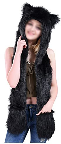 LUNULE Damen Fellmütze 3-in-1 Tiermütze Ohren mit Handschuhe Schal Tiere Bär Panda Wolf Paws Ohren Kapuzenschal für Damen & Herren Künstliches Fell Wintermütze mit Ohrenschutz Handschuhe Damenmützen