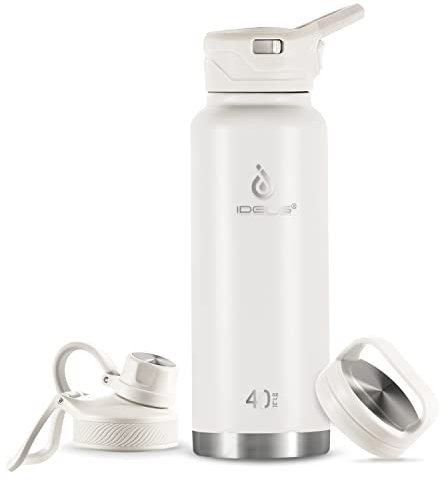 IDEUS Vacuum Insulated Water Bottle, Stainless Steel Double Wall Flask Metal Sports Canteen with Leak-Proof Screw Cap (White, 40oz (1140ml))