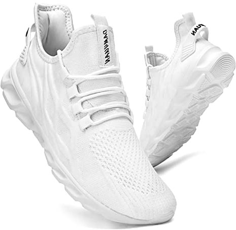 CAIQDM Mens Trainers Running Shoes Leisure Sneakers Mesh Walking Gym Tennis Shoes Lightweight Breathable Sports Outdoor Fitness Jogging White 9.5 UK