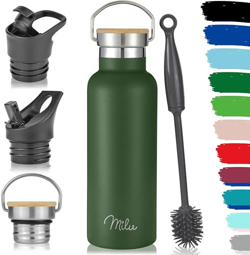 Milu Stainless Steel Drinking Bottle 350ml, 500ml, 750ml, 1l (+3 Lids) - Thermo Bottle with Straw, Water Bottle, for Hot, Cold & Carbonated Drinks (Olive Green, 500ml)