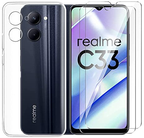 Tsinwe Funda + 2Pcs Cristal Templado para Realme C33, Protector de Carcasa Suave Transparente Caso TPU Gel Silicona Protectora con HD Película para Realme C33