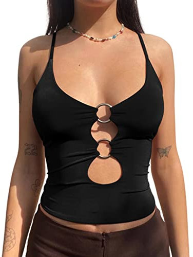 CHOUX Getailleerd zomershirt voor dames met decoratieve ringen, effen cropped top met U-hals-black,M