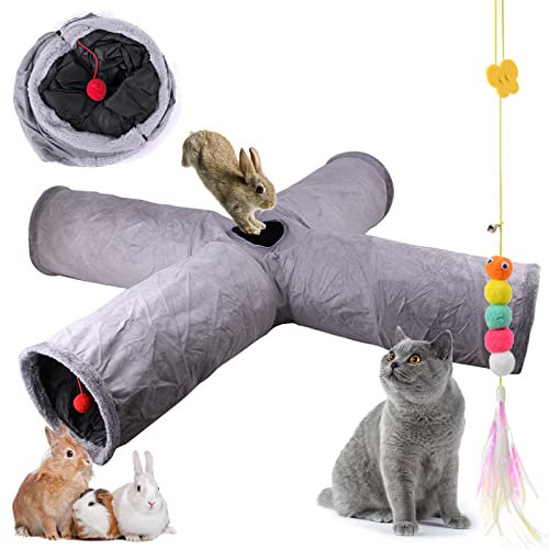 Faltbar Katzentunnel Katzenspielzeug mit Ball Spieltunnel Knisternder Rascheltunnel Aus Wildleder für Alle Katzen Kaninchen Welpen und Kleine Tiere, Mit Hängendem Lustiger Katzenstock (X- Grau)