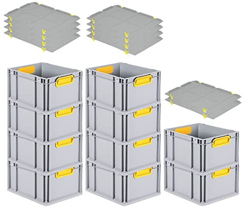 PROREGAL SuperSparSet 10x Eurobox NextGen Color mit Auflagedeckel & Schiebeschnappverschlüsse, HxBxT 22x30x40cm, 20L, Griffe gelb geschlossen, Glatter Boden, Eurobehälter Transportbox