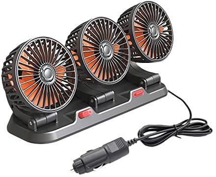 Riloer Ventilador de aire de refrigeración portátil para coche, circulador de aire de refrigeración eléctrico de tres cabezales para camión, ventilador automático giratorio de 360°