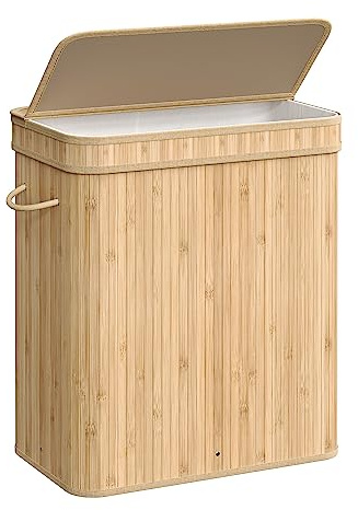 SONGMICS Laundry Hamper with Lid, Bamboo Laundry Basket, Removable Machine Washable Laundry Basket, with Handles, 26.4-Gallons, for Laundry Room, Bedroom, Bathroom, Natural Beige ULCB063N01