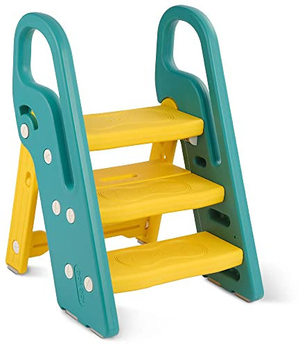 Onasti Foldable Step Stool for Kids, 2 Steps - 3 Steps Height Adjustable Toddler Step Stool, Toilet Steps for Potty Training, Learning Tower with Handle for Bathroom, Bedroom, Kitchen (Yellow-green)