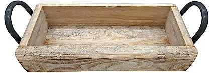 Holzschale Ziegelform mit 2 Metall Griffen - 35 x 14 cm - Vintage Deko Schale aus Kiefern Holz - Holz Tisch Deko Obst Schale Aufbewahrungs Box Backstein Form