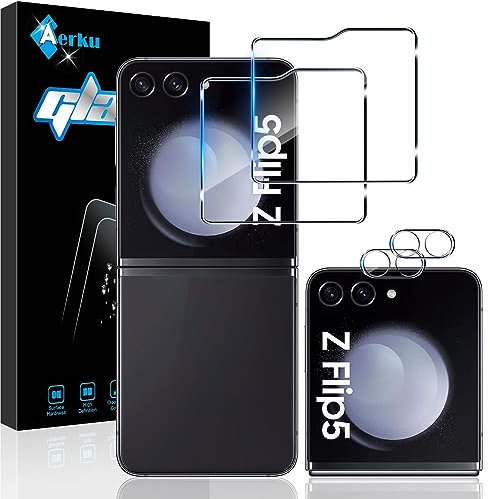 Aerku Verre Trempé pour Samsung Galaxy Z Flip 5 avec Caméra Arrière Protecteur [2+2 Pièces], Dureté 9H [Sans Bulles] [Ultra HD] Ultra Résistant Film Vitre Trempé Protection écran [Transparente]