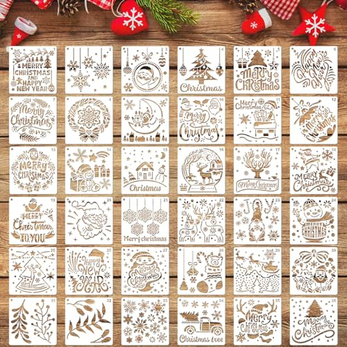 MWOOT 36 Pcs Christmas Painting Stencils for Walls, Reusable Xmas-Themed Drawing Templates for Window, Canvas Decoration, DIY Craft Stencils for Painting on Wood (13x13CM)