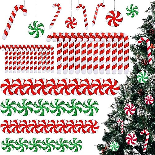 60Pcs Zuckerstangen Süßigkeiten Weihnachtsbaum Deko, Weihnachtsbaumschmuck, Weihnachten Anhänger Rot Weiß Grün, Weihnachtsbaum Zuckerstangen Dekoration mit Kordel