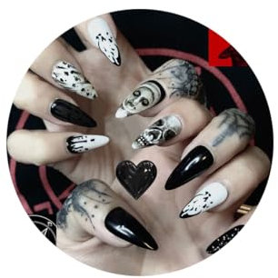 SINLOV Künstliche Fingernägel für Halloween, oval, volle Abdeckung, dunkle Punk-Nägel, glänzend, französische Kunstnägel für Frauen und Mädchen, 24 Stück