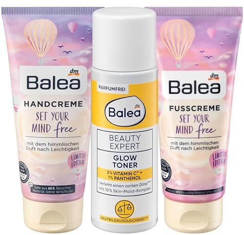 Balea 3er-Set Hautpflege: BEAUTY EXPERT GLOW TONER Gesichtswasser (100 ml) + HANDCREME Set your mind free (100 ml) + FUßCREME für beanspruchte Füße (100 ml), 300 ml