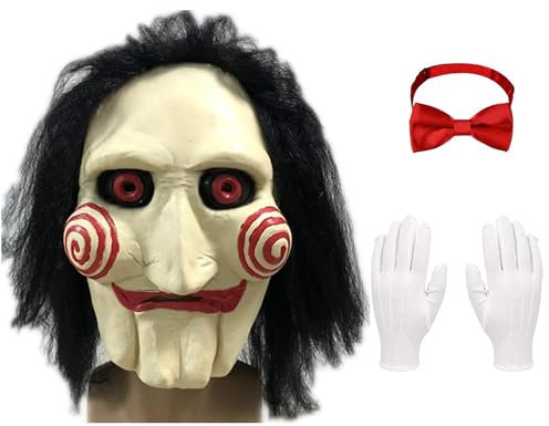 Carnavalife Saw Latex-Maske für Erwachsene, mit Perücke, Saw Halloween, Handschuhe und rote Fliege, Zubehör Dsifraz Saw Film (Modell Maske+Schleife+Handschuhe)