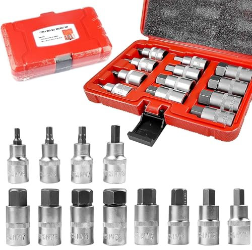 12 Piezas Juego de Llaves Torx Vaso Múltiples de 1/2, Juego de Llaves de Vaso Hexagonales de 1/2 Pulgada, Acero Cromo Vanadio Vasos Impacto 1/2, con Moleteado H5 a H22, para Llaves de Impacto