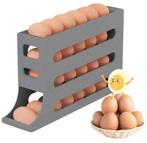 Eierhalter für Kühlschrank, 4 Etagen Automatisch Rollender Eierbehälter für Kühlschrank, Große Kapazität, Eierhalter für 30 Eier, Kühlschrank Organizer für Eieraufbewahrung (Grau)
