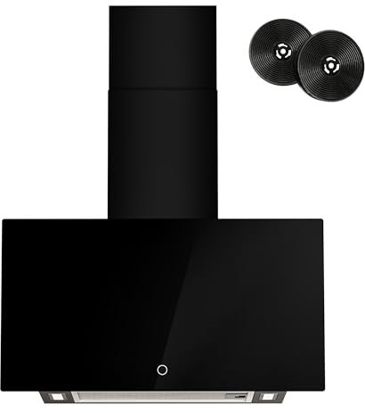 FIREGAS Campana Extractora 60 cm, Ahorro de Energía Motores sin Escobillas,Cristal Templado Negro,Succión 350m³/h,Táctil,3 Niveles de Potencia, Luz y Filtro de Carbono