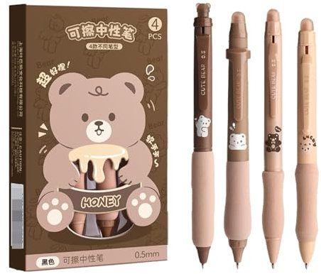 Joucien Lot de 4 stylos neutres thermosensibles à tête ogive de 0,5 mm - Motif ours en pot de miel - Noir