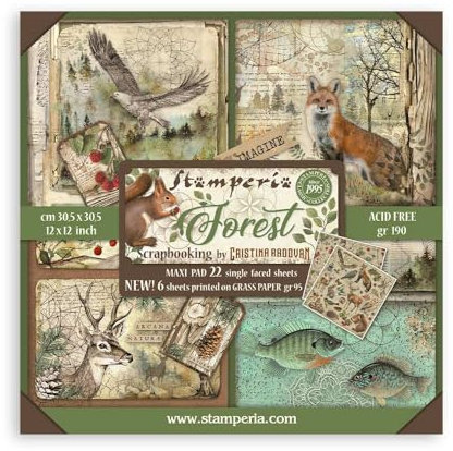 Stamperia - Scrapbook Paper Pad for Scrapbooking, Albums, Card Making, Bullet Journalling and More, Acid Free, Single Face, Perfect for Hobbies, Crafts, and Gifting (Forest) (30.5 x 30.5cm)